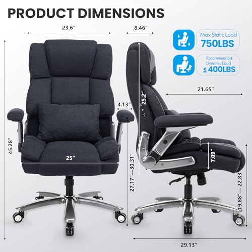750lbs Heavy Duty Desk Chair with 3D Kneading Massage, Big and Tall Office Chairs with Ergonomic Support, 4D Armrests, 5 Quiet Dual Rubber Wheel, Thick Spring Cushion(Black-Fabric) CHAIRKER