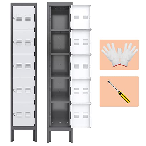 KAER Metal Lockers for Employees,5-tier Storage Locker,Locker Cabinet for Home Gym Office School Garage with Mirror,Screwdriver,Gloves,Unassembled (Grey+White, 5-Tier) - WoodArtSupply