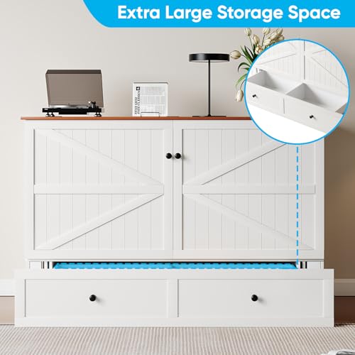 Mjkone 63" Width Queen Size Murphy Bed Cabinet with Charging Station, Mattress Included, Storage Cabinet Murphy Bed Chest Cabinets with Foldable Panel for Guest Small Spaces, Home Offices, White Mjkone
