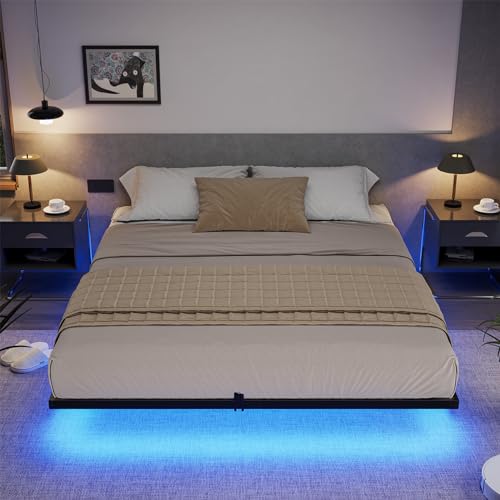DICTAC Floating Bed Frame California King Size with LED Lights, Metal Platform Cal King Bed with Heavy Duty Steel Slats and 4 Mattress Slide Stopper, Black DICTAC