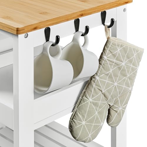 Yaheetech Kitchen Island Cart on Wheels with Bamboo Countertop, Rolling Serving Utility Trolley Cart with 3 Drawers, 3 Removable Shelves & Lockable Casters, Storage Cabinet for Dining Room, Bar, White Yaheetech