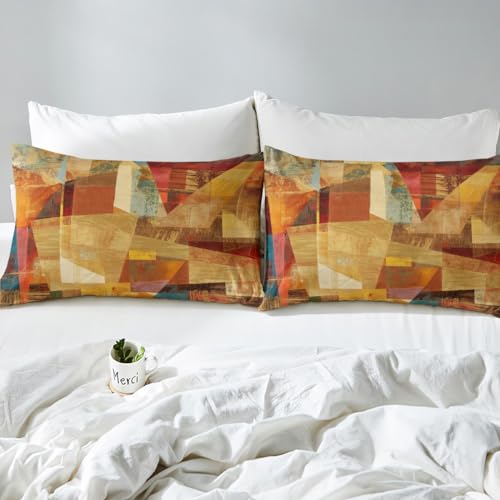 Feelyou Orange Red and Yellow Sheet Set King Size Kids Geometric Abstract Sheets with Deep Pocket Fitted Sheet for Boys Girls Teens Modern Bed Sheets Set Artwork Bedding Set Room Decor Feelyou