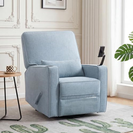 360° Swivel Rocker Recliner Chair with Adjustable Footrest, Rocking Chair Nursery with Phone Stand & Cup Holder,Manual Nursing Chair Glider Recliner Armchair for Adults, Living Room (Blue) FiveWillowise