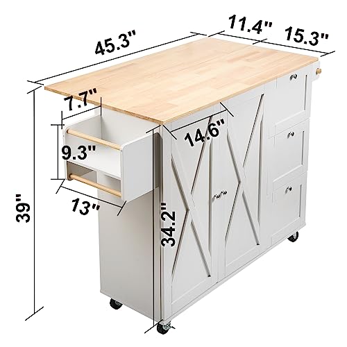 VEVOR Kitchen Island Cart with Solid Wood Top, 45.3" Width Mobile Carts with Storage Cabinet, Rolling Table with Spice Rack, Towel Rack, Drop Leaf and Drawer, Portable Islands on Wheels, White VEVOR