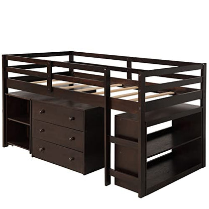 Bellemave Espresso Low Loft Bed Frame with Storage & Rolling Desk for Kids and Teens - WoodArtSupply