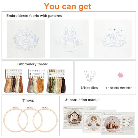 Myfelicity Embroidery kit,Adults Set,Nativity Scene Embroidery Hoop Art Set, Religious Christmas Theme, 3-Piece Collection with Angels and Manger Scene in White Embroidery Cloth Myfelicity