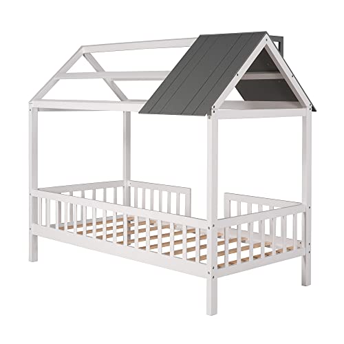 Merax Twin House Bed for Kids - Fun House-Shaped Platform Bed Frame with Roof, Windows, and Safety Rails in White and Grey - WoodArtSupply