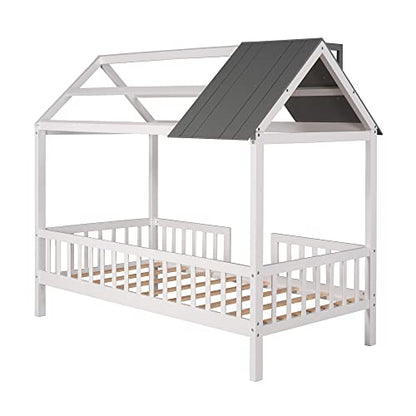 Merax Twin House Bed for Kids - Fun House-Shaped Platform Bed Frame with Roof, Windows, and Safety Rails in White and Grey - WoodArtSupply