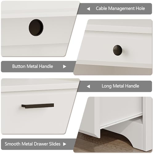 MaverickFurni Executive Desk with Hutch, 58 Inch White Computer Desk with 5 Drawers, Home Office Desk with Storage, Rustic Desk with Adjustable Shelves and Storage Cabinet for Bedroom MaverickFurni