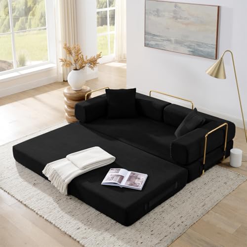 4-in-1 Folding Convertible Sofa Bed, 78 Inch Boneless Couch with Fixed-Shape Frame, Corduroy Loveseat Sleeper with Pull Out Bed, Floor Sofa Modular Futon Couch for Living Room Bedroom Lounge (Black) ivoros