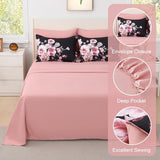 Floral King Size Comforter Set - 7 Piece Botanical Black and Pink Bed in a Bag Ulter Soft Microfiber Bedding Set, Lightweight Bed Comforter Set with Sheets for All Season (Black, King) LLDSYW