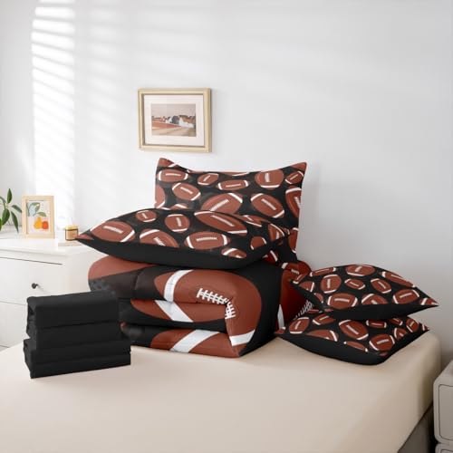 Erosebridal Football 7 Piece Bedding Set Twin Rugby Comforter Set with Sheets Ball Games Gaming Sports Kids Boys Men Girls Bed in A Bag Competition Black Brown Bed Sets Erosebridal