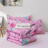 Btargot Twin Pink Cartoon Cat Reversible Comforter Set for Boys Girls Kids, 5 Pieces Rainbow Flowers Sun Painting Bedding Set with Sheets Btargot