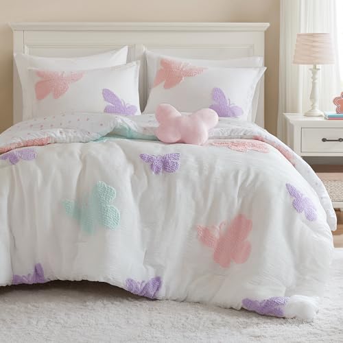 Intelligent Design Kids Rio Full/Queen Comforter Set – Girls’ Reversible Tufted Chenille Bedding with Pastel Purple Butterflies and Pink Dot, 4pcs Intelligent Design