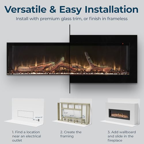Ambe Linear 50" Electric Fireplace | Hidden Vent Design | Large & Deep Log Display | Recessed or Built-in | 5 Customizable Fuel Beds | Fireplace Insert 750W/1500W Heater | Trim or Frameless Ambe