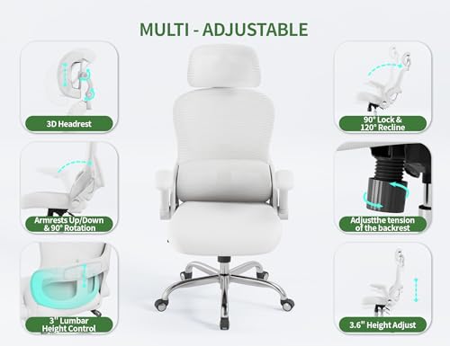 Veratric White Ergonomic Office Chair: Mesh Desk Chair Comfy with Adjustable Lumbar Support 400lbs High Back Computer Gaming Chair - Big and Tall Office Chairs with Extra Wide Seat-Adults Home Office Veratric