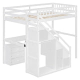 Merax Twin Size Wood Loft Bed with Desk, Stairs & Storage, Space Saving Bed with Lights, 2 Drawers, Guardrails, 220LBS Capacity, White Merax