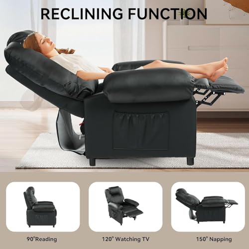 KCREAM Faux Leather Recliner Chair with Massage and Heat, Mid Century Overstuffed Manual Reclining Chair, Massaging Push Back Recliner Chair Single Sofa for Living Room, Black