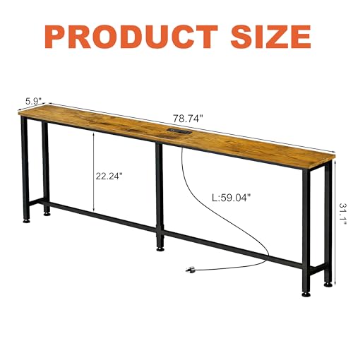 flevra 78" Narrow Sofa Table with Outlet (2 AC Outlets & 2 USB Ports), Behind Couch Table with Charging Station, Long Skinny Console Table for Living Room, Entryway and Hallway (Rustic Brown) flevra