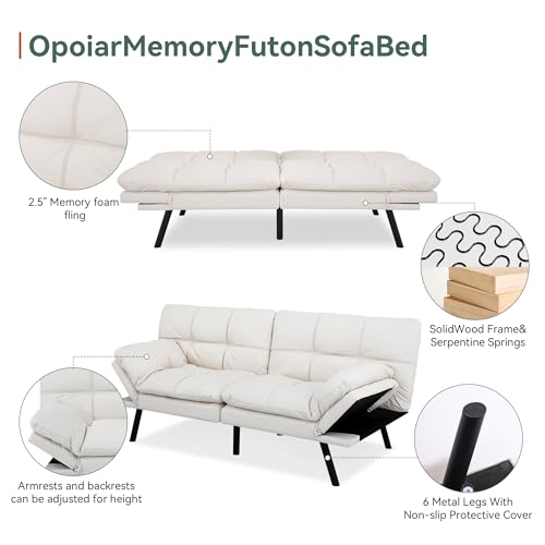 Opoiar 71" L Covertible Futon Sofa Bed,Faux Leather Futon Couch, Memory Foam Modern Loveseat Sleeper, Small Splitback Sofa Couches for Living Room,RV,Home Office,Apartment,White Opoiar