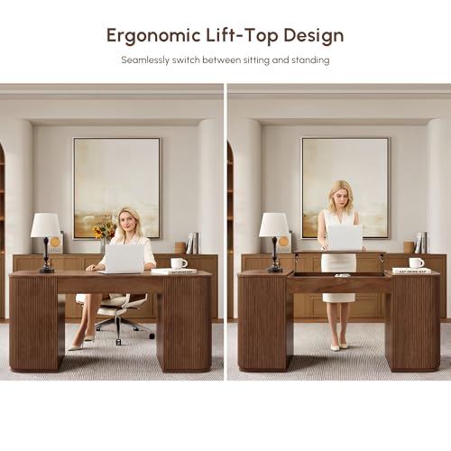 homary 59.8" Modern Standing Desk, Home Office Desk Engineered Wood Office Desk with Lift-Top & Ample Storage for Office, Study, Walnut homary
