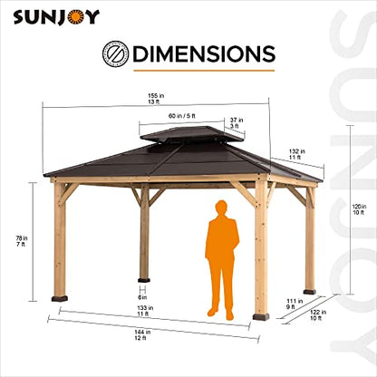 Sunjoy Hardtop Gazebo 11' X 13' Cedar Framed Wood Gazebo with Brown Double Steel Hardtop Roof Permanent Canopy for Garden, Backyard Shade - WoodArtSupply