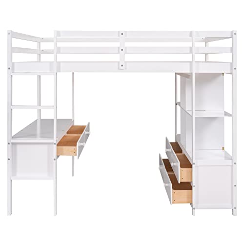 BOVZA White Full Size Loft Bed with Built-in Desk, Drawers, and Storage Shelves