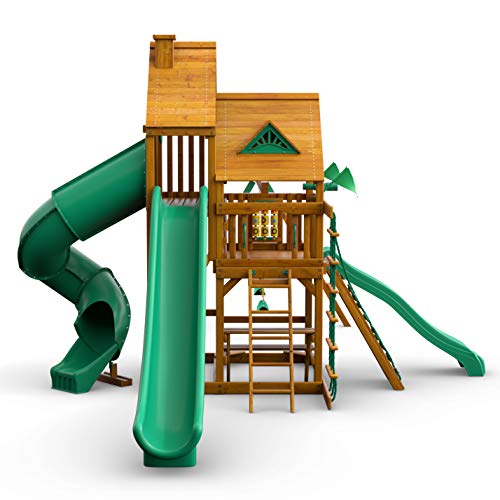 Gorilla Playsets 01-0031-AP Great Skye II Wood Swing Set with Wood Roof, 3 Slides, and Rock Wall, Brown Gorilla Playsets