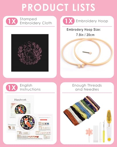 TINDTOP Embroidery Kit for Beginners Adult, Fox Embroidery Kit for Beginners Include Embroidery Cloth Hoops Threads for Craft Lover Hand Stitch with Embroidery Skill Techniques TINDTOP