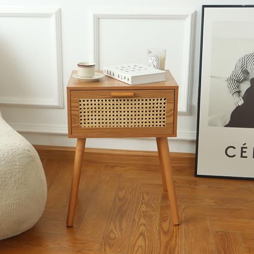 AWASEN Mid Century Nightstand, Rattan Side Table with Drawer, Modern Bedside Table with Storage and Solid Wood Legs for Living Room, Bedroom and Small Space (Brown) AWASEN
