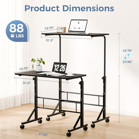 DUMOS 31.5" Adjustable Height Mobile Desk with Locking Wheels & Pin-Lock, Portable Workstation for Walking Pad & Active Home Office, Black DUMOS