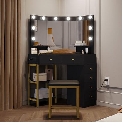 DWVO Makeup Vanity Desk w/Hollywood Bulbs Mirror & Power Outlet, 43" L Shaped Black Vanity Set 3 Color Lighting Mode Adjustable Brightness＆ 6 Drawers, Shelves, Corner Vanity Table w/Bench for Girl