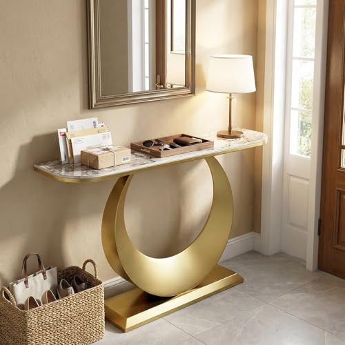 MISXEOE Modern Luxury Console Table, 47.2" Sintered Stone Entryway Table with Sculptural Metal Base, Narrow Sofa Table Behind Couch for Living Room, Hallway, Foyer(White+Gold,39.3"x11.8"x31.5") MISXEOE