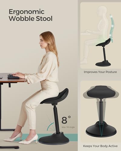 SONGMICS Ergonomic Wobble Stool, Height Adjustable Standing Desk Stool 23.6-33.3 Inches, Swivel Balance Chair with Non-Slip Base, Standing Chair, for Active Sitting, Office, Home, Ink Black UOSC02BK SONGMICS