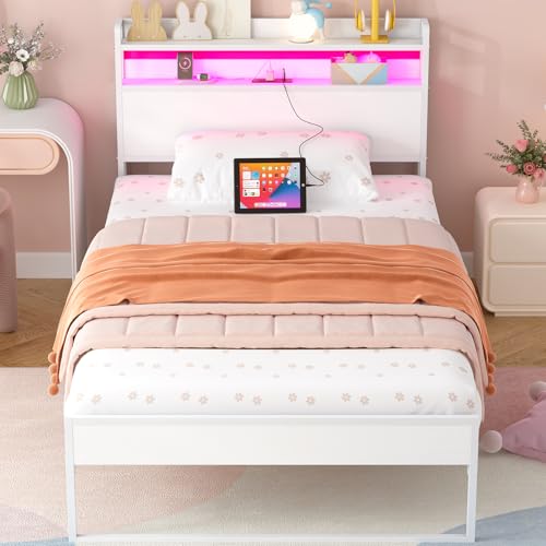 Elephance Twin Bed Frames with Charging Station and LED Lights, Metal Bed Frame with 2-Tier Storage Headboard, No Box Spring Needed, Noise Free, Easy Assembly Elephance