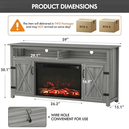 YESHOMY Fireplace TV Stand for Television up to 65+ Inch with Storage and Farmhouse Barn Doors, Entertainment Center with Cabinet and Shelves, Media Console for Living Room, Gray Wash