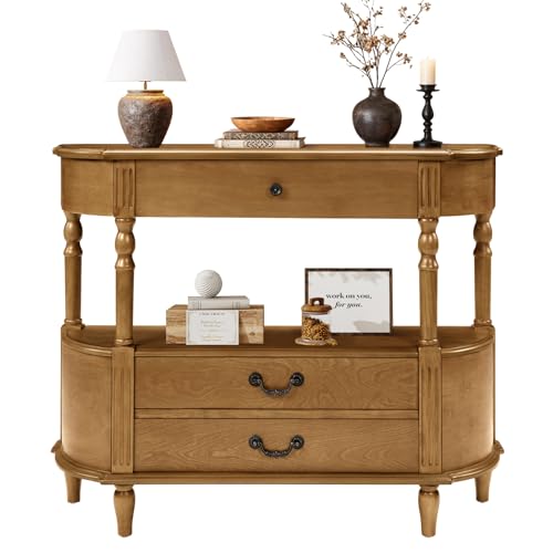 BFJDM 43" Retro Curved Console Table with Drawers, Solid Wood Half Moon Console Table Entry Sofa Table with Storage with Solid Pine Roman Legs Open Shelf for Small Spaces Living Room,Brown BFJDM