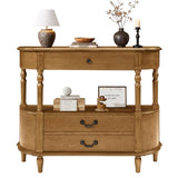 BFJDM 43" Retro Curved Console Table with Drawers, Solid Wood Half Moon Console Table Entry Sofa Table with Storage with Solid Pine Roman Legs Open Shelf for Small Spaces Living Room,Brown BFJDM