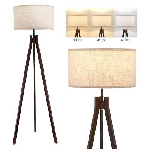 ELYONA Wood Tripod Floor Lamp for Bedroom, 3 Color Temperatures & Linen Shade, Modern Reading Standing Lamp with 9W LED Bulb, Mid Century Night Light for Farmhouse, Living Room, Office, Walnut ELYONA