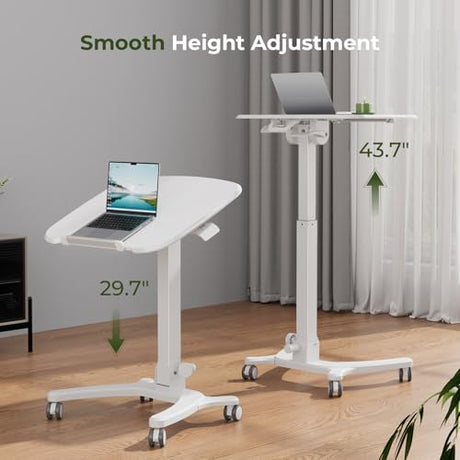 JYLH JOYSEEKER Foldable Mobile Standing Desk, 27"×21" Portable Rolling Laptop Cart with 90° Tiltable Board, Height Adjustable Workstation with Wheels, Folding Table for Home Office, White JYLH JOYSEEKER
