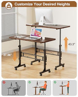 Small Standing Desk Adjustable Height, Mobile Stand Up Desk with Wheels, 32 Inch Portable Rolling Desk Small Computer Desk, Portable Laptop Desk Standing Table Rustic Amztabler