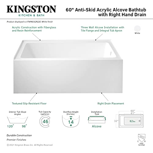 Aqua Eden VTAP6032R22C 60-Inch Anti-Skid Acrylic 3-Wall Alcove Tub with Right Hand Drain Hole, White Kingston Brass