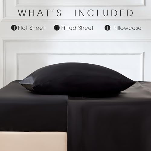 FreshCulture Satin Sheets Twin Size Bed Set - 3 Piece Luxury Soft Silky Twin Bed Sheets, Similar to Silk Sheet Set with 1 Deep Pocket Fitted Sheet, 1 Flat Sheet & 1 Pillowcase (Black) FreshCulture
