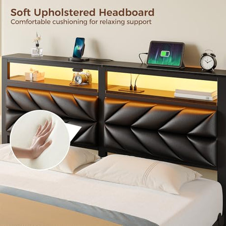 Seventable King Size Bed Frame with Charging Station & LED Lights, Upholstered Headboard with 2-Tier Storage Shelves, Metal Platform with Under Bed Storage, No Box Spring Needed, Easy Assembly, Black Seventable