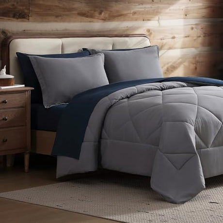 Coleman Comforter Set Full Size Reversible Bed-in-a-Bag– Double-Sided Color Options, All-Season Comforter + Shams + Sheets – Perfect for Home, Cabin or Camp Use, Navy/Gray Coleman