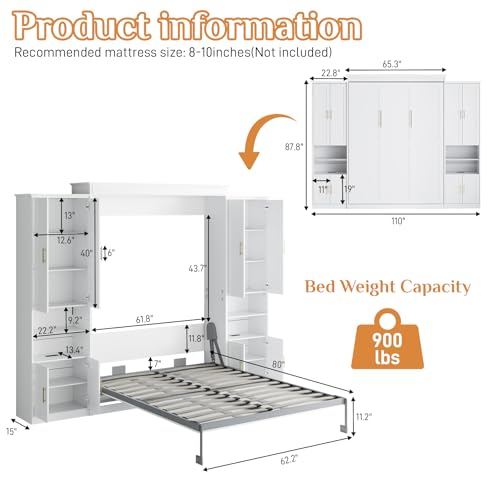 Rophefx Murphy Bed Queen with 2 Side Cabinet Storage Shelves, Queen Wall Bed Cabinet with USB Port, Wood Foldable Platform Bed Frame, Space Saving Beds, Modern Hidden Bed for Guest Room, Home, White Rophefx