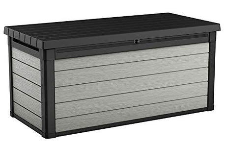Keter Denali 150 Gallon Resin Large Deck Box-Organization and Storage for Patio Furniture, Outdoor Cushions, Garden Tools and Pool Toys, Grey & Black Keter