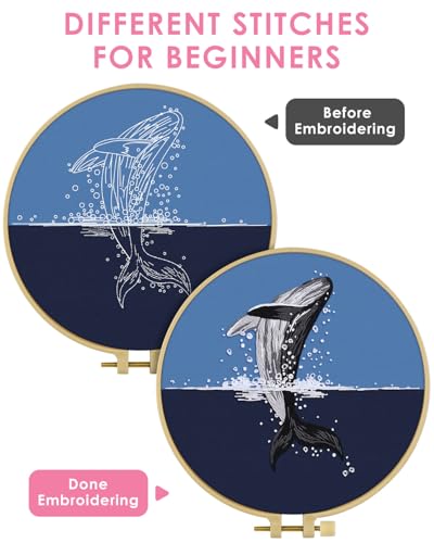 TINDTOP Embroidery Kit for Beginners Adult, Whale Embroidery Practice Kit for Beginners Include Embroidery Cloth Hoops Threads for Craft Lover Hand Stitch with Embroidery Skill Techniques TINDTOP