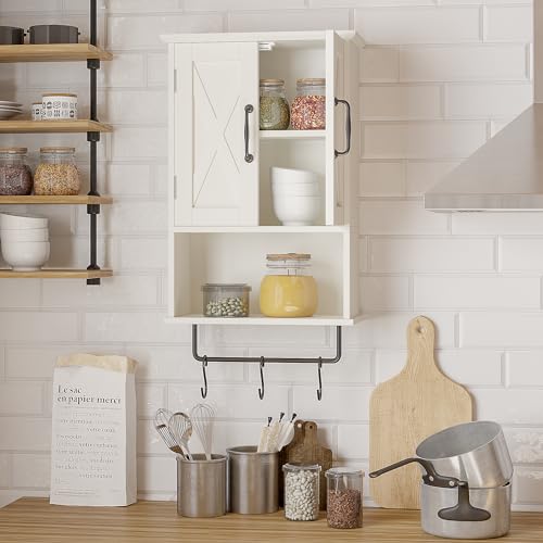 ChooChoo Farmhouse Medicine Cabinet, Bathroom Wall Cabinet with Adjustable Shelf, Towel Bar, 3 Hooks, Over The Toilet Storage Cabinet for Bathroom, Kitchen, White ChooChoo