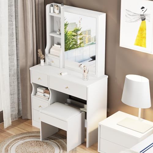 Elevon Small Makeup Vanity Desk with Sliding Mirror and Chair, Vanity Table with 5 Drawers & 4 Shelves Dressing Desk with No Light for Bedroom Furniture, White